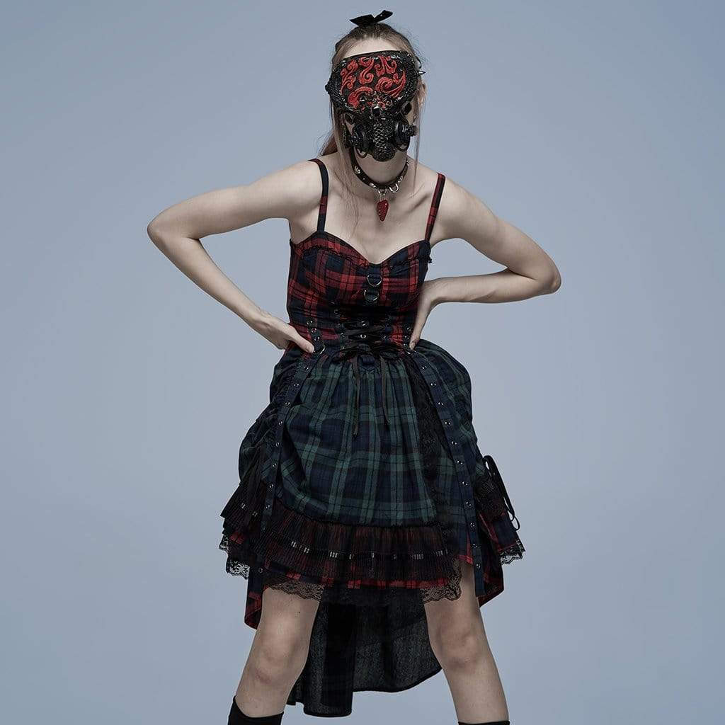 Punk Rave Women's Gothic Double Color Plaid Layered Slip Dress