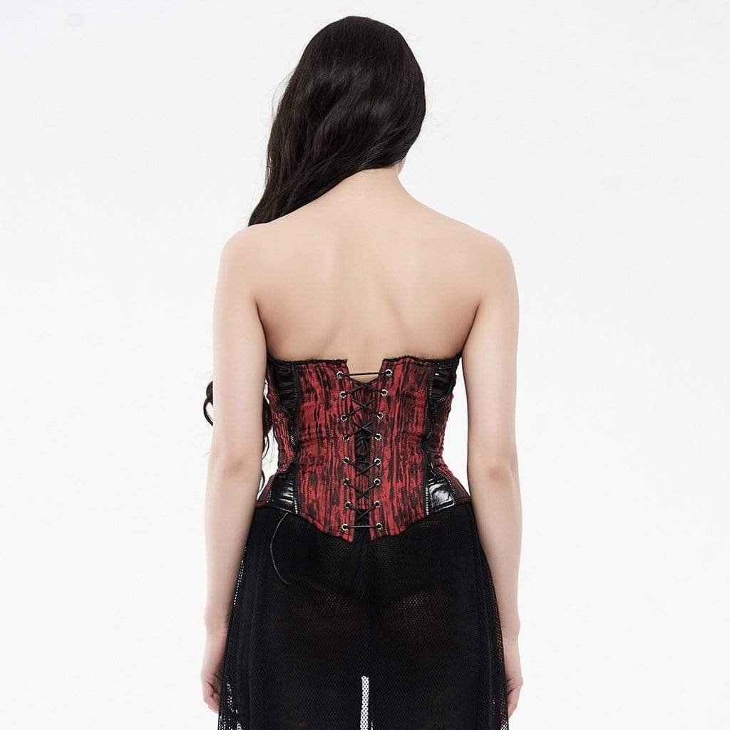 Women's Gothic Faux Leather Barky Jacquard Overbust Corsets Red