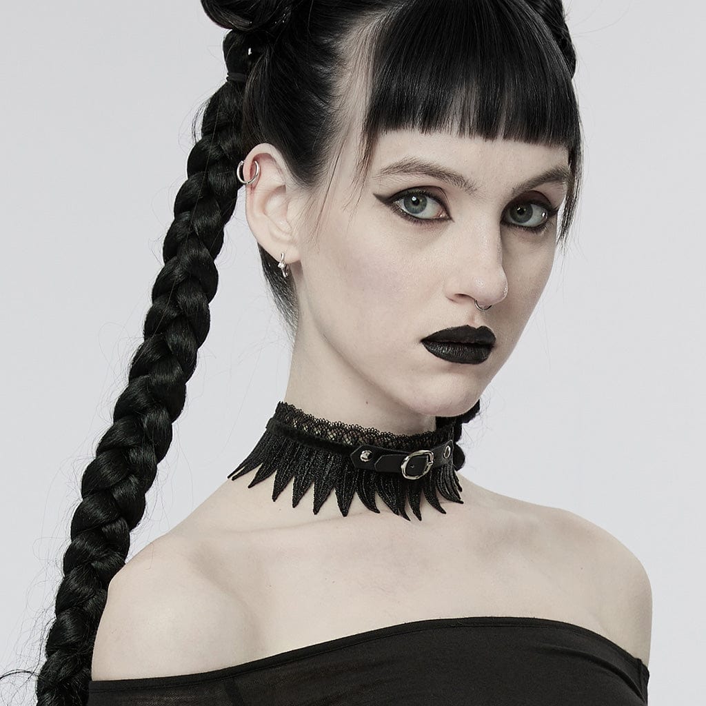 PUNK RAVE Women's Gothic Feather Lace Choker