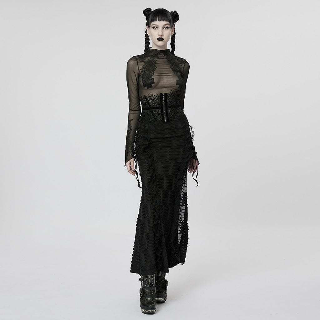 PUNK RAVE Women's Gothic Feather Mesh Shirt