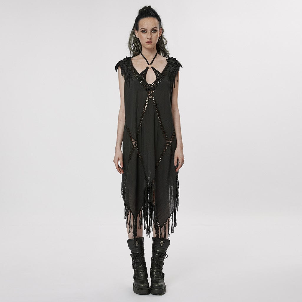 PUNK RAVE Women's Gothic Feather Tassels Dress