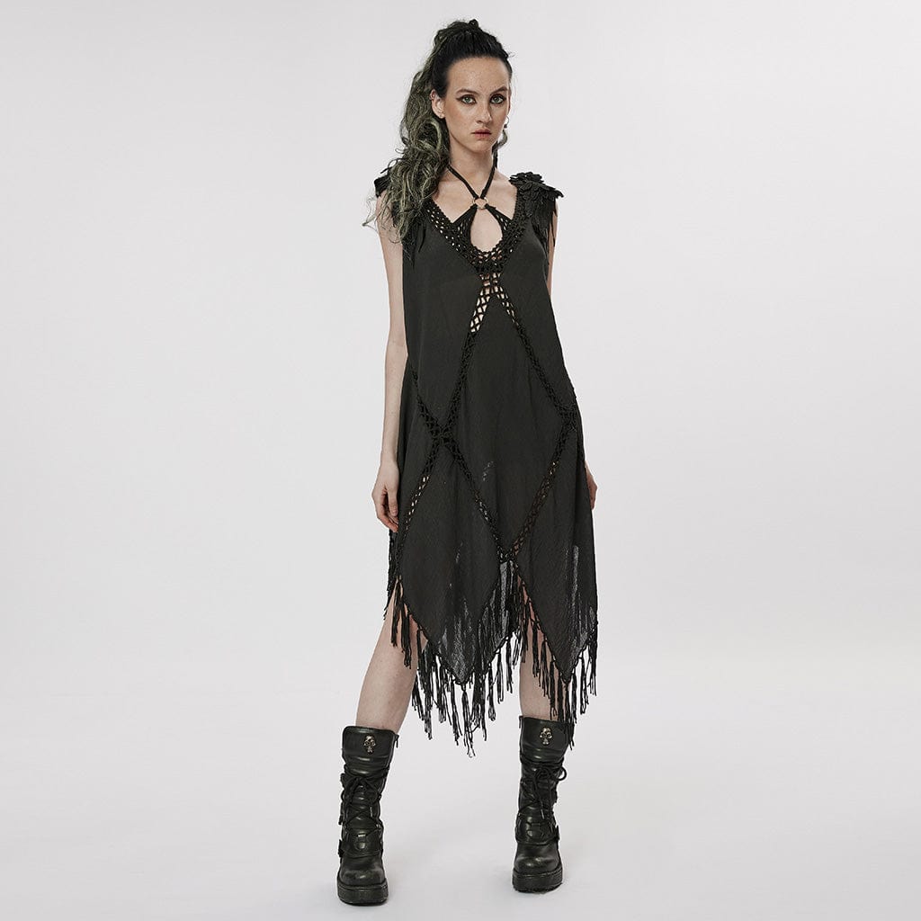PUNK RAVE Women's Gothic Feather Tassels Dress