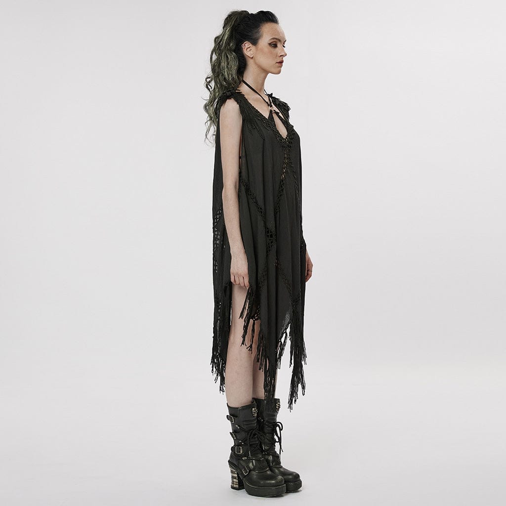PUNK RAVE Women's Gothic Feather Tassels Dress