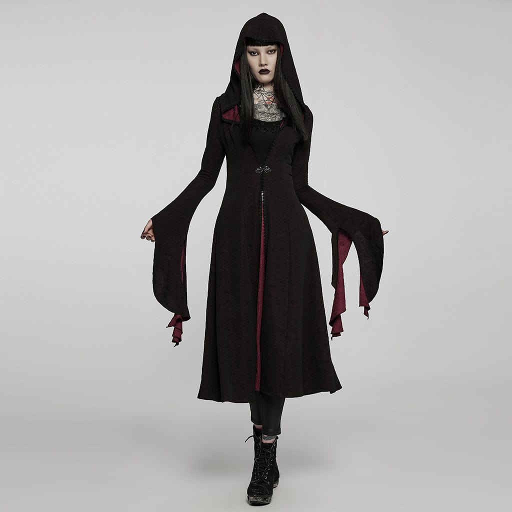 Punk Rave Women's Gothic Flare Sleeved Maxi Coat with Hood