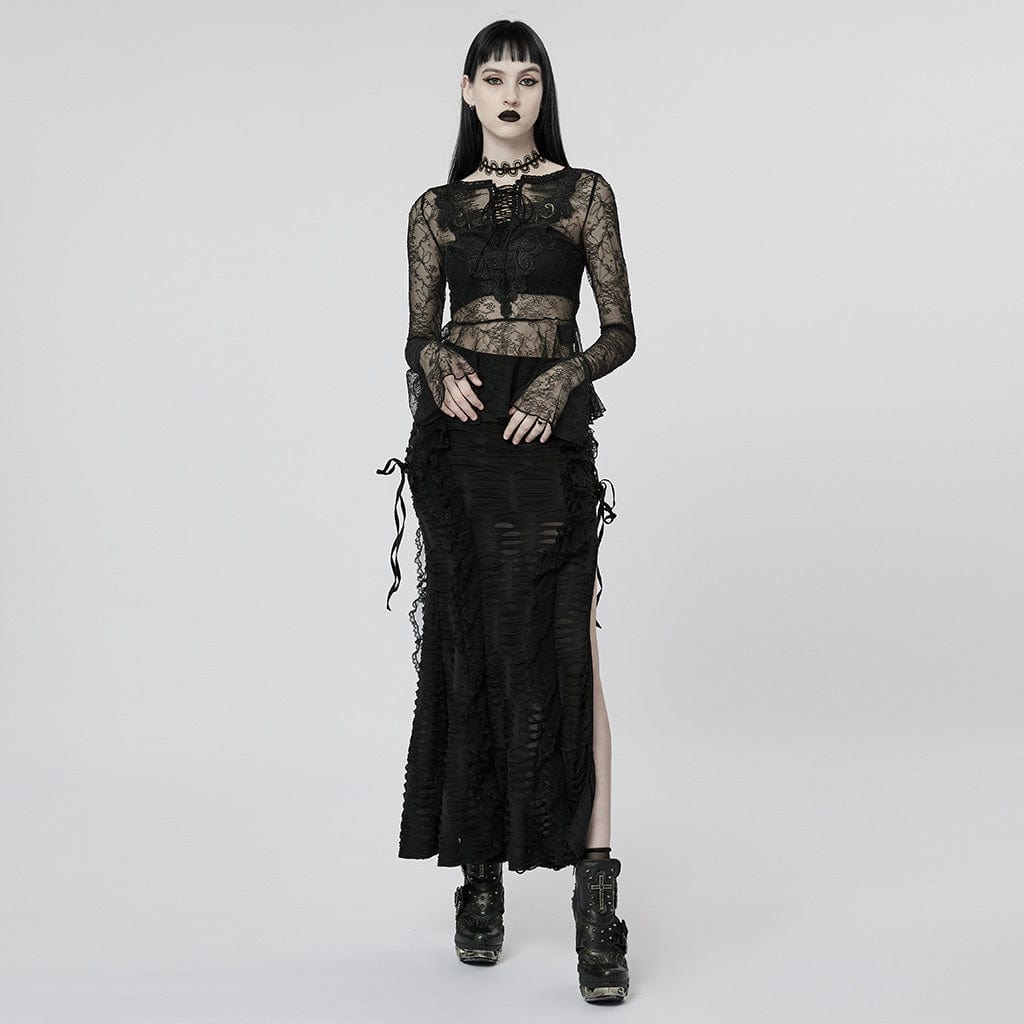 PUNK RAVE Women's Gothic Flare Sleeved Sheer Lace Shirt
