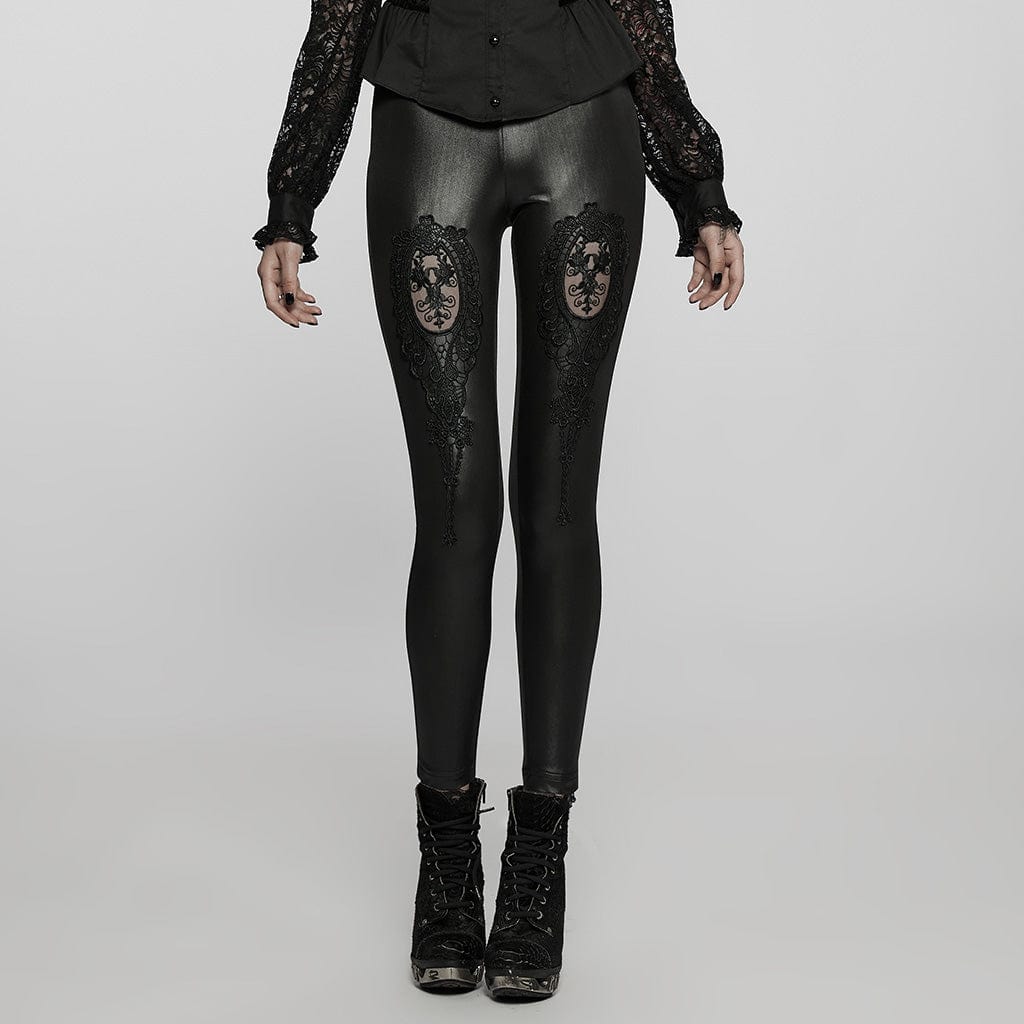 Women's Gothic Floral Applique Faux Leather Leggings – Punk Design