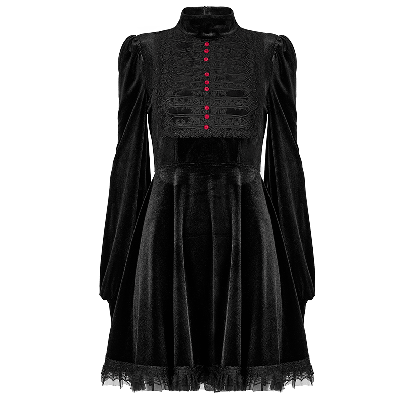 PUNK RAVE Women's Gothic Floral Embroidered Lace Hem Velvet Dress