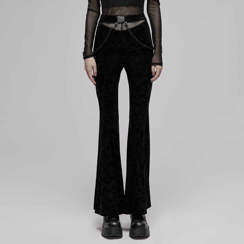 Punk Rave Women's Gothic Floral Velet Bell-bottoms with Metal Chain
