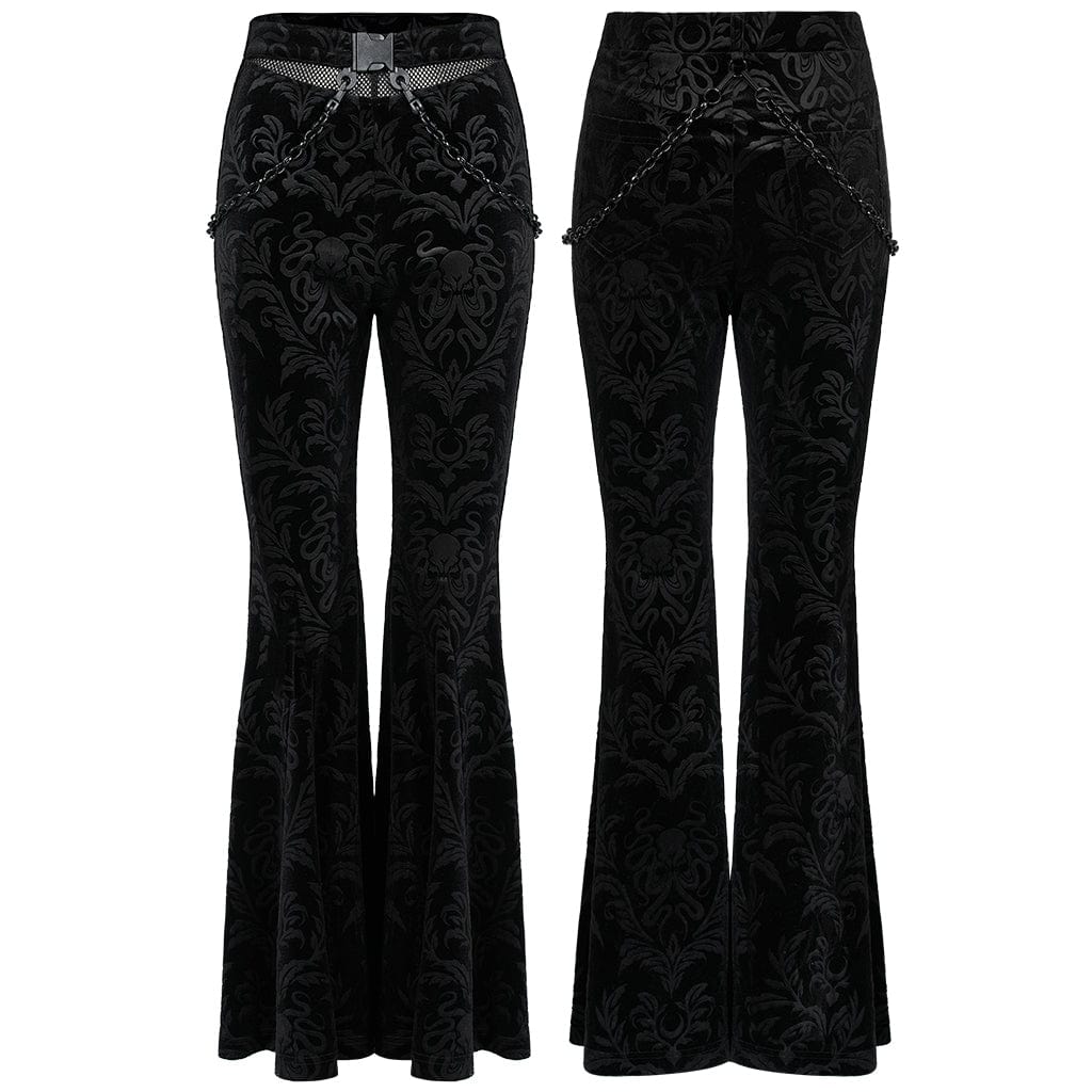 Punk Rave Women's Gothic Floral Velet Bell-bottoms with Metal Chain