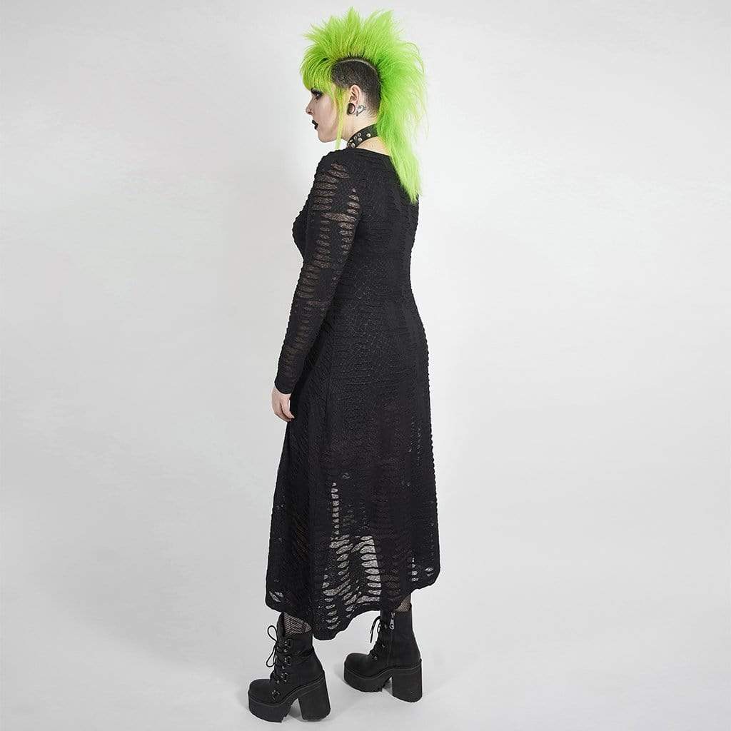 Women's Plus Size Gothic Full Sleeved Net Midi Dress with Slits
