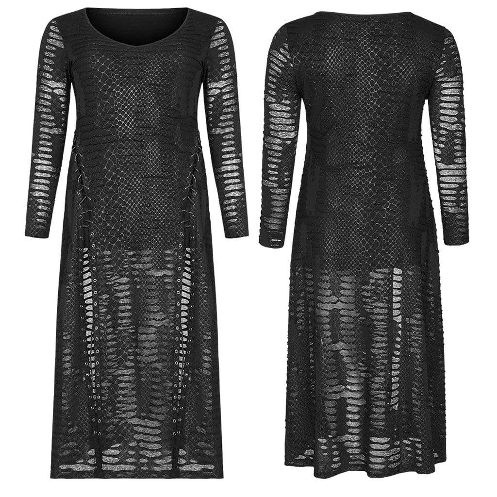 Women's Plus Size Gothic Full Sleeved Net Midi Dress with Slits