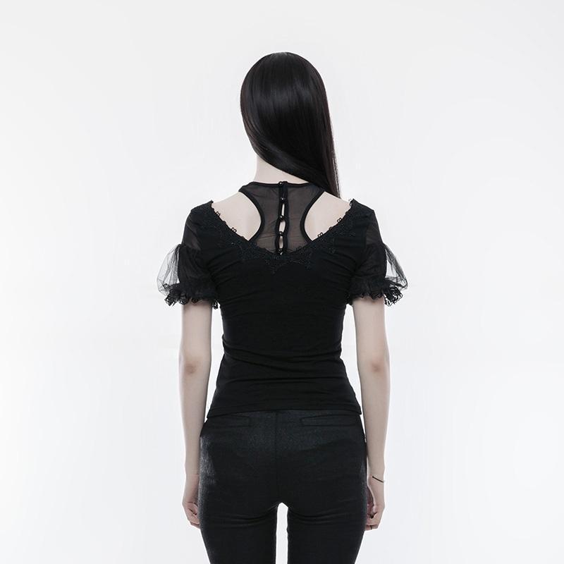 Women's Gothic Gorgeous Lace Ribbon Drawstring Net Short Sleeve T-shirt