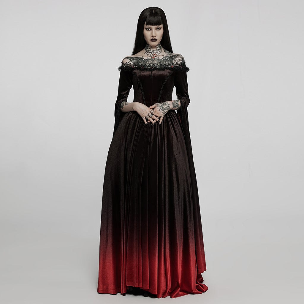 women's dark red and black off the shoulder dress gothic Women's Gothic Gradient Off Shoulder Flare Sleeved Maxi Dress Wedding Dress – Punk Design