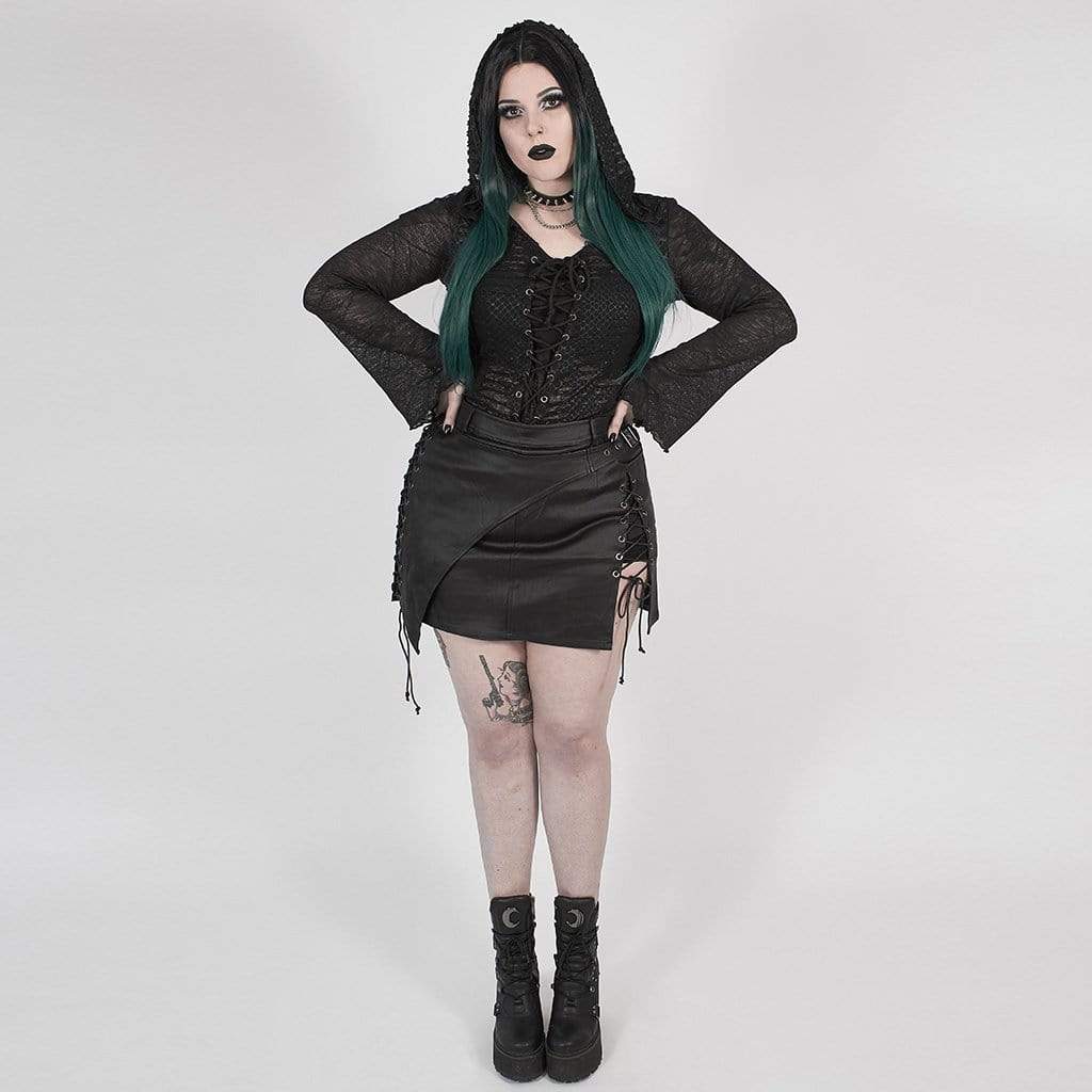 Women's Gothic Grungy Black Lace Hooded Top with Flared Sleeves