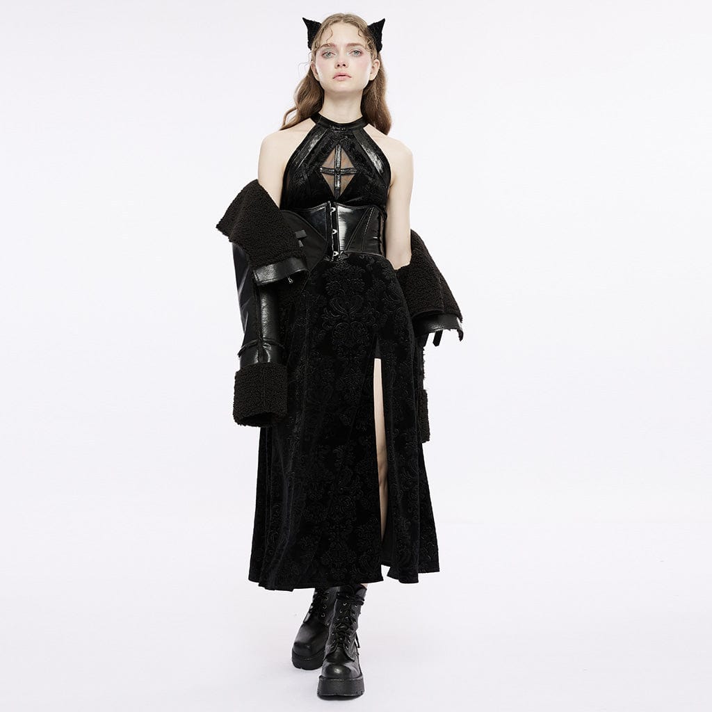 PUNK RAVE Women's Gothic Halterneck Velvet Dress