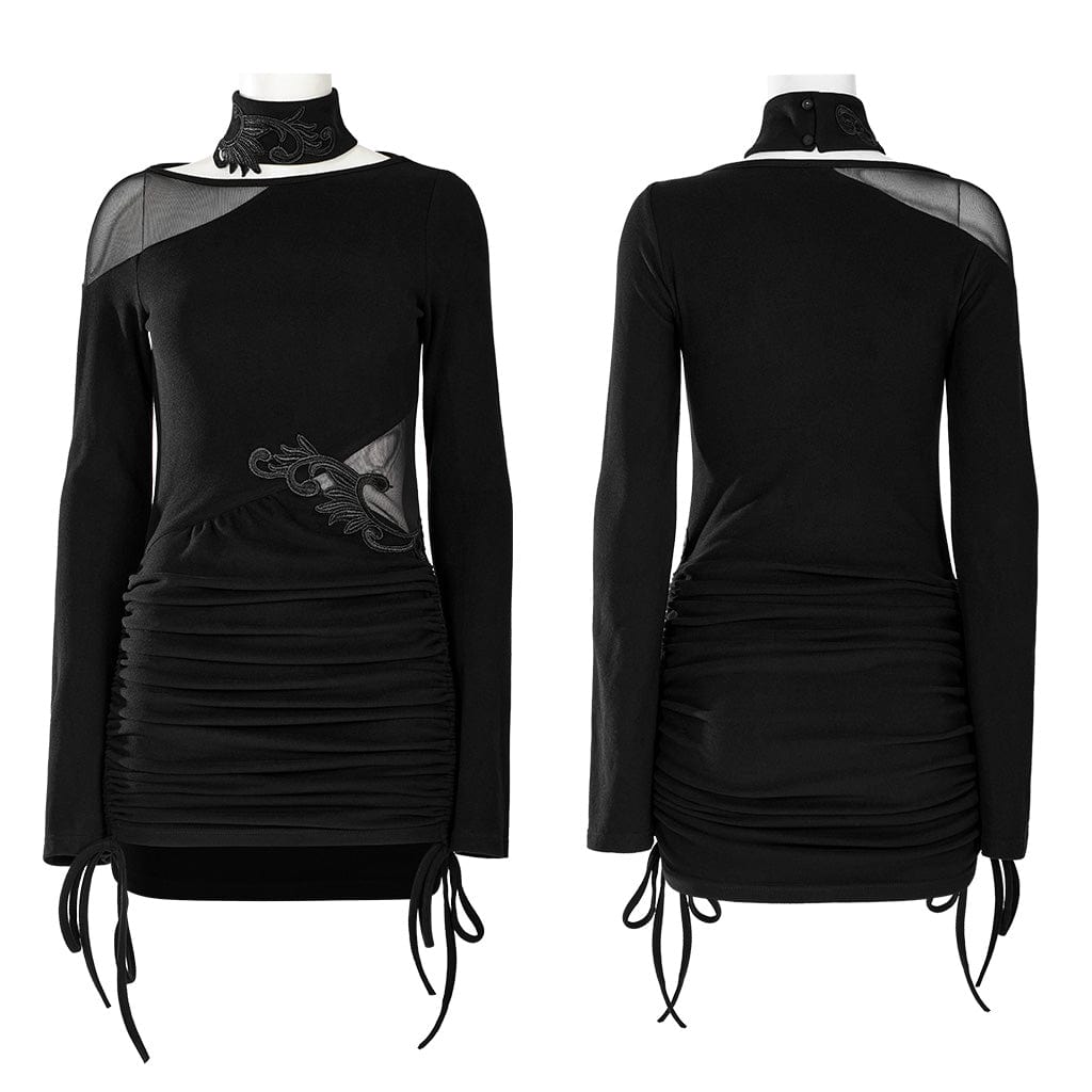 PUNK RAVE Women's Gothic Irregular Pointed Mesh Splice Dress