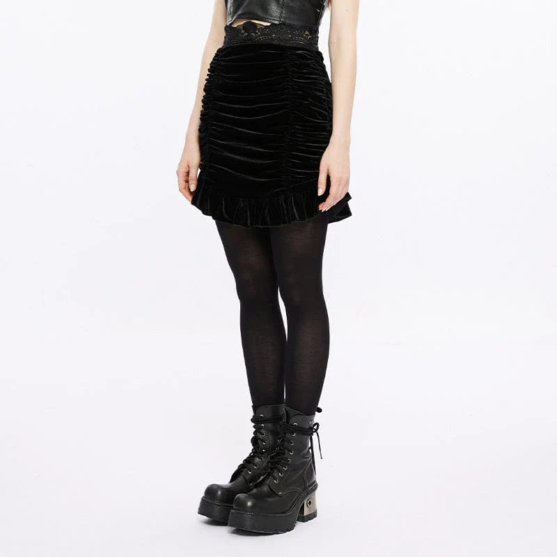 PUNK RAVE Women's Gothic Lace Splice Ruffled Velvet Skirt