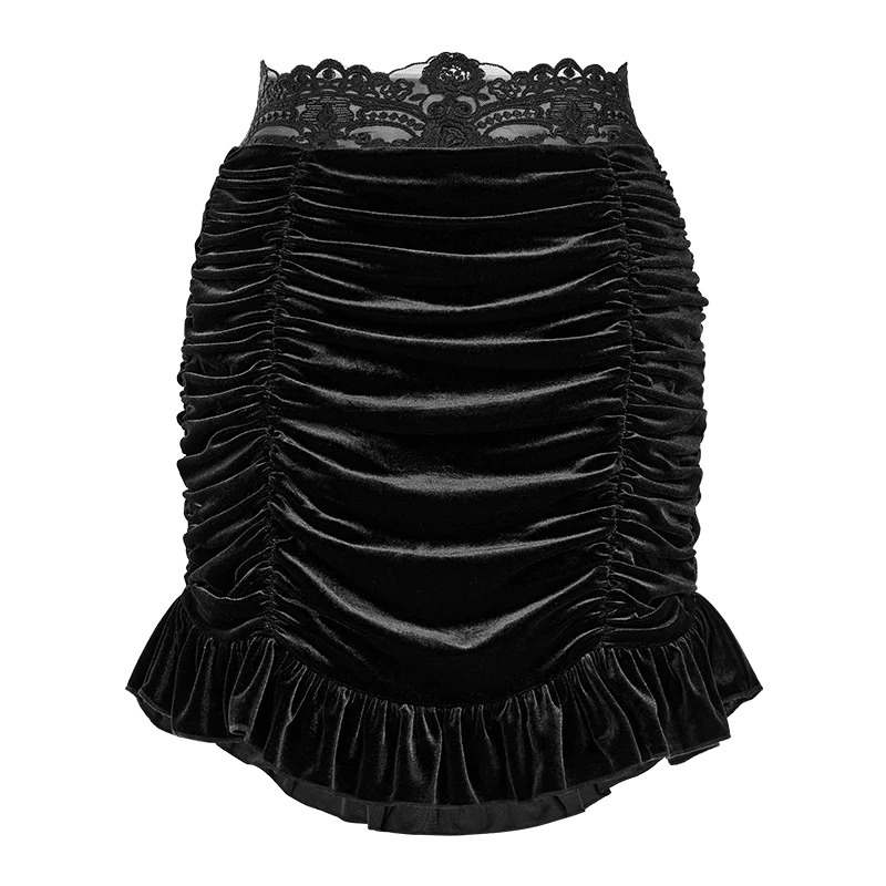 PUNK RAVE Women's Gothic Lace Splice Ruffled Velvet Skirt