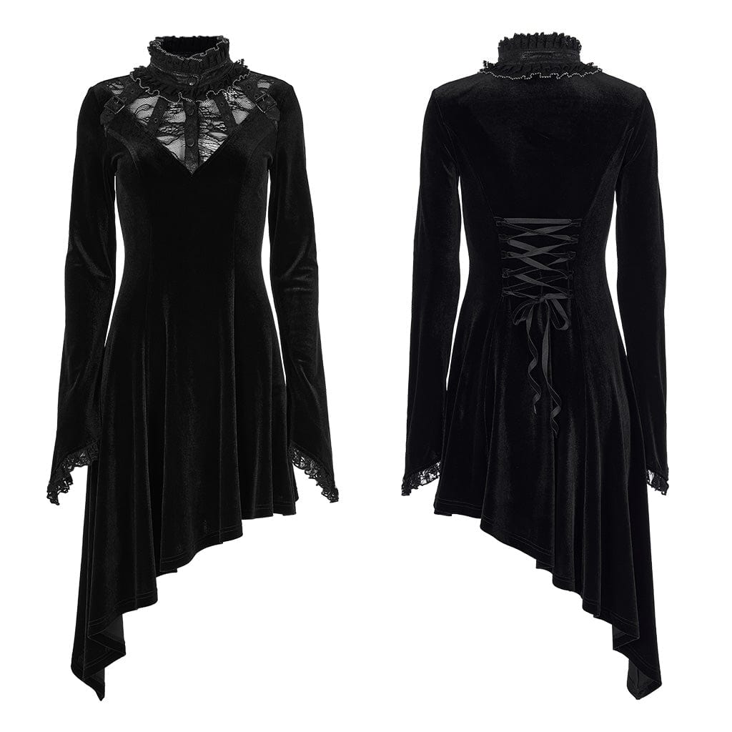 PUNK RAVE Women's Gothic Lace Stand Collar Irregular Hem Velet Dress
