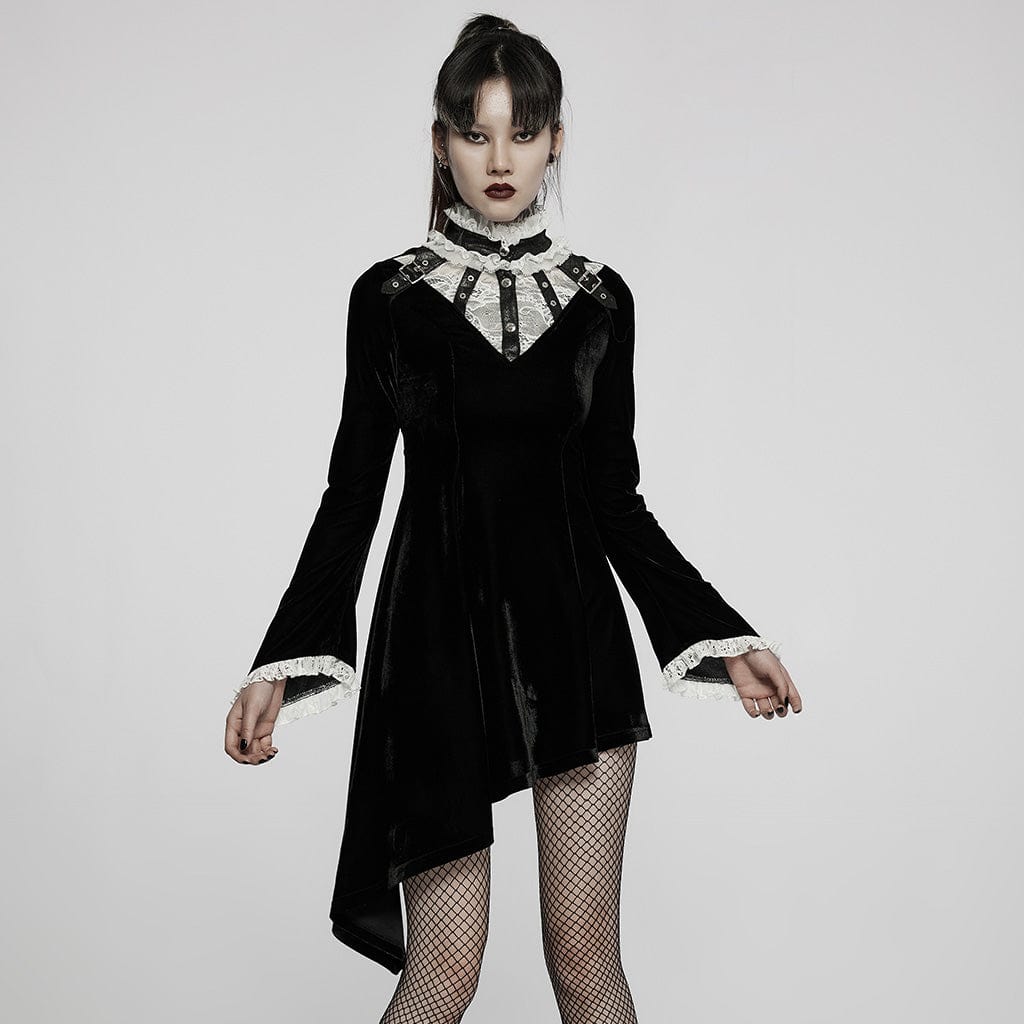 PUNK RAVE Women's Gothic Lace Stand Collar Irregular Hem Velet Dress