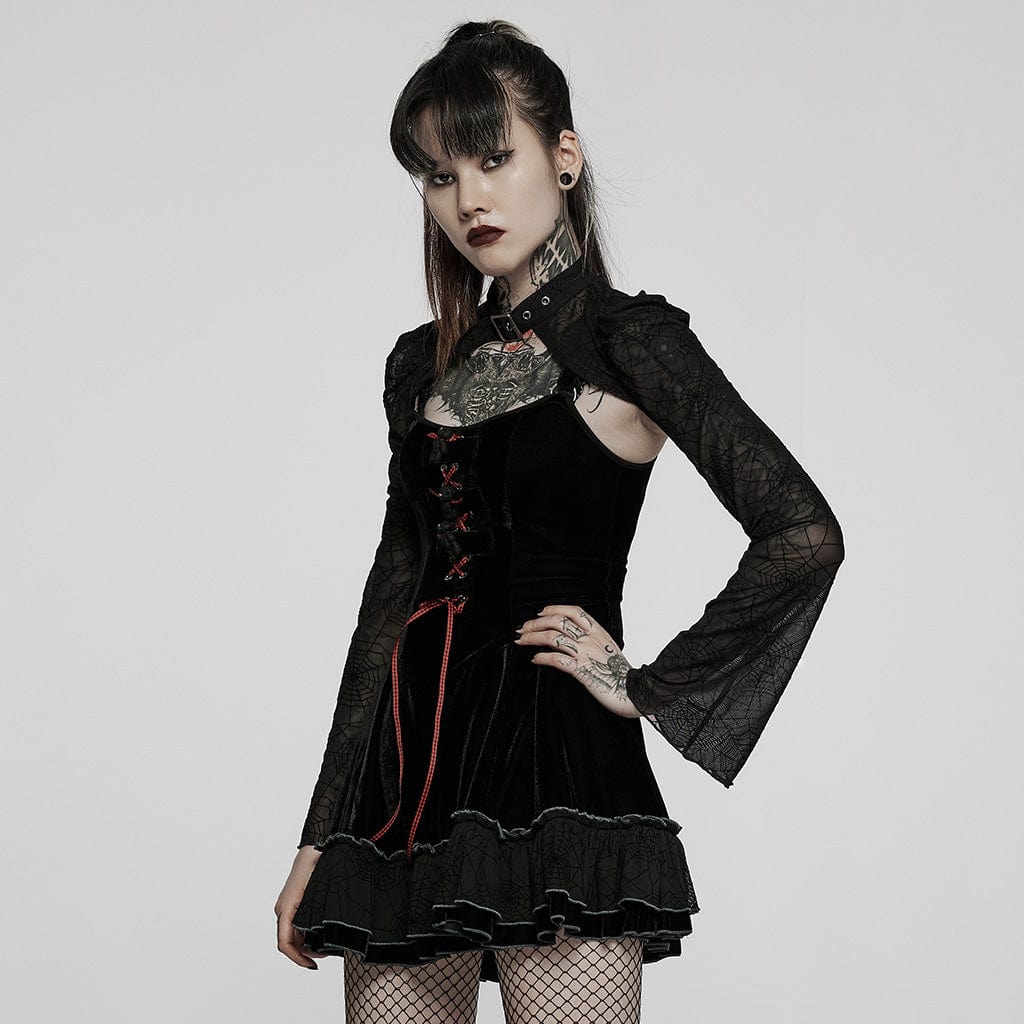 PUNK RAVE Women's Gothic Lacing-up Velet Slip Dress with Lace Cape