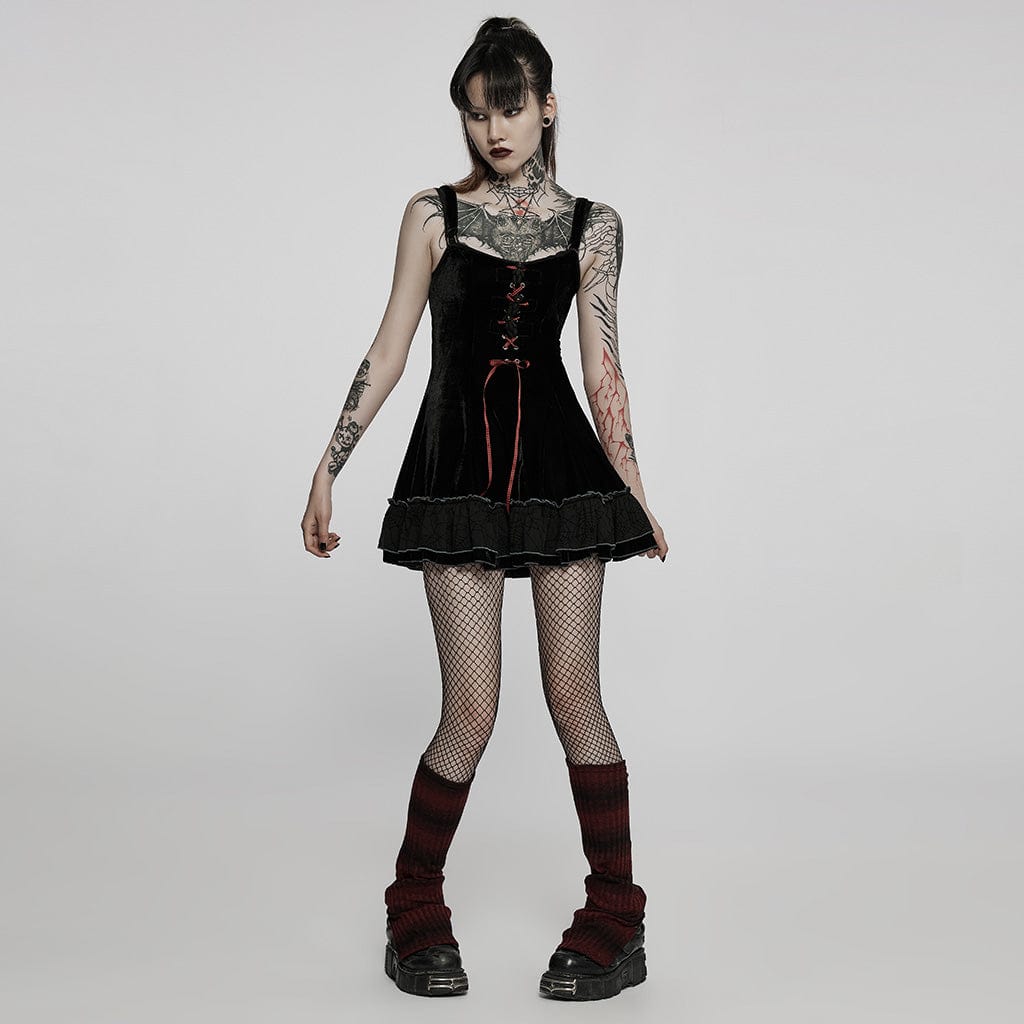 PUNK RAVE Women's Gothic Lacing-up Velet Slip Dress with Lace Cape