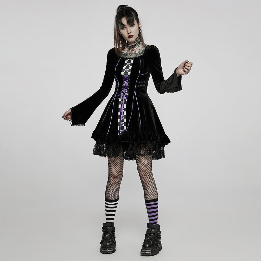 PUNK RAVE Women's Gothic Lolita Contrast Color Flare Sleeved Velet Dress