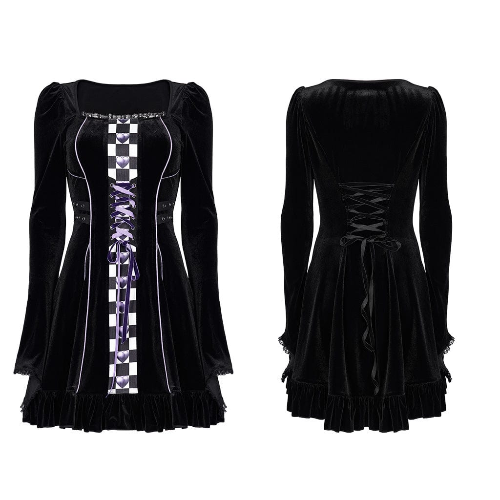 PUNK RAVE Women's Gothic Lolita Contrast Color Flare Sleeved Velet Dress