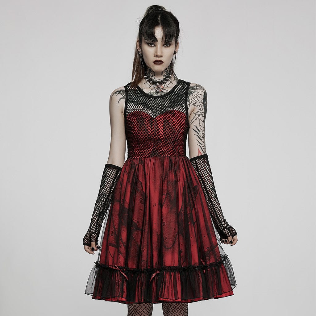 PUNK RAVE Women's Gothic Lolita Multilayer Mesh Dress with Sleeves