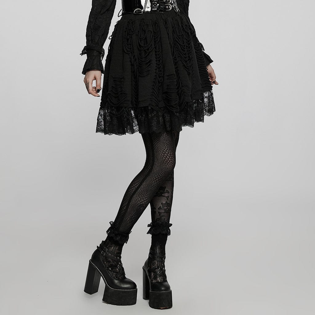 PUNK RAVE Women's Gothic Lolita Ripped Lace Hem Short Skirt