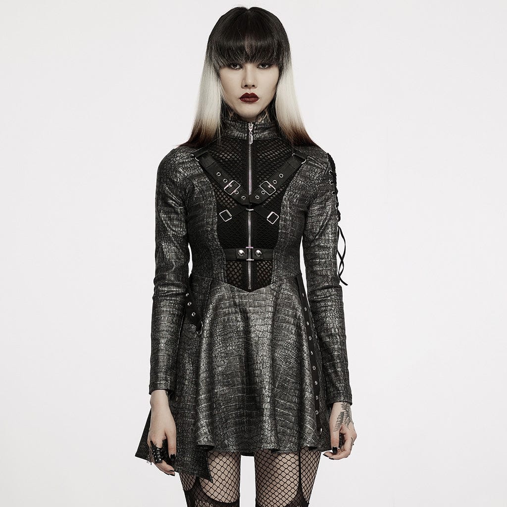 PUNK RAVE Women's Gothic Military Style Front Zip Faux Leather Long Sleeved Dress