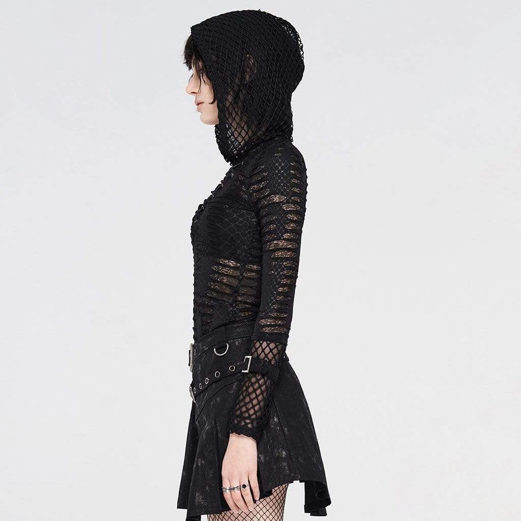 Women's Gothic Net Ripped Mesh Strappy Hoodies
