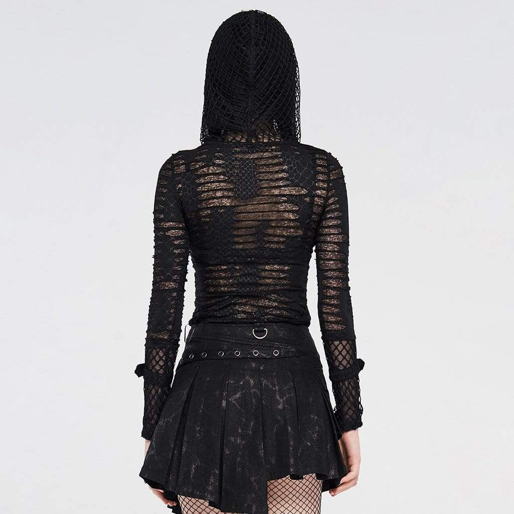 Women's Gothic Net Ripped Mesh Strappy Hoodies