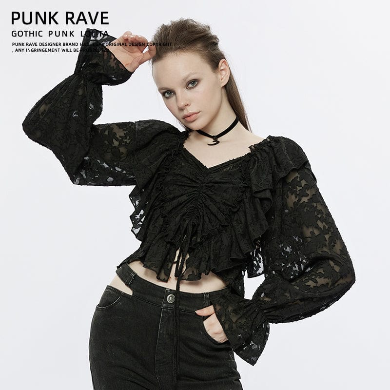 PUNK RAVE Women's Gothic Off Shoulder Floral Chffion Top