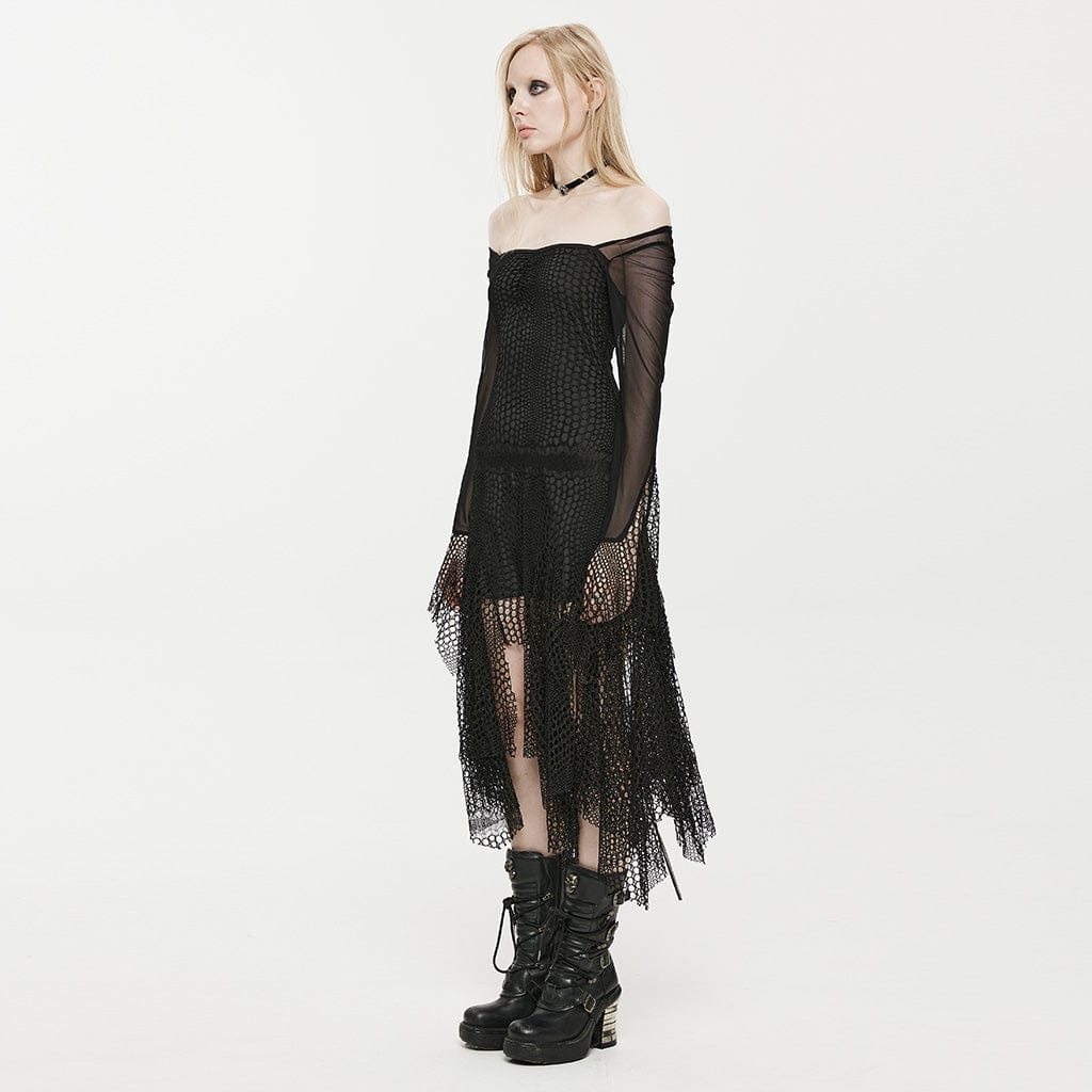 PUNK RAVE Women's Gothic Off Shoulder Irregular Mesh Dress