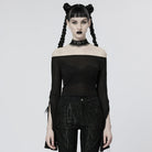 PUNK RAVE Gothic-Crop-Top für Damen mit schulterfreiem Schnitt und geteilten Ärmeln