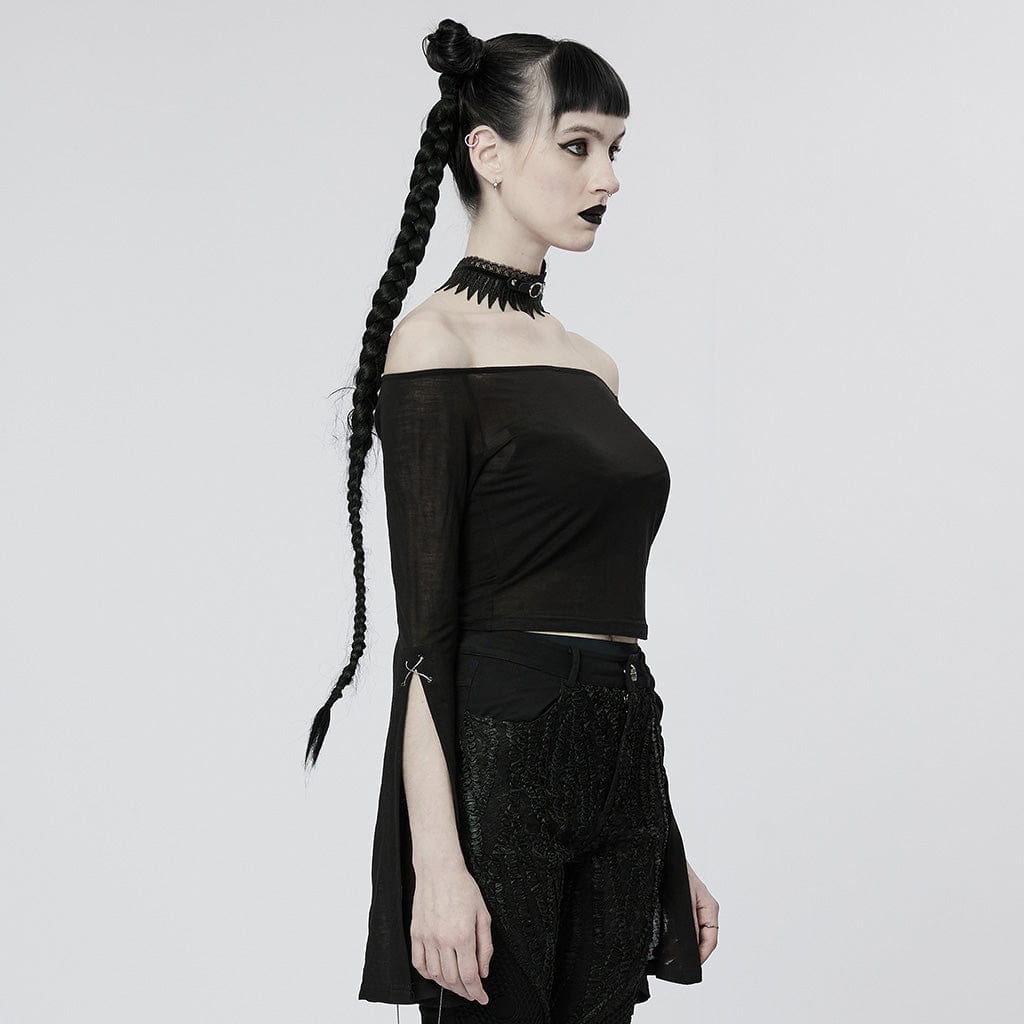PUNK RAVE Women's Gothic Off Shoulder Split Sleeved Crop Top