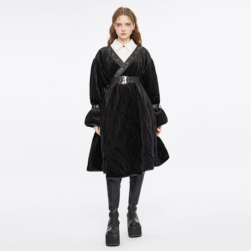 PUNK RAVE Women's Gothic Plunging Coat with Detachable Hood&Belt