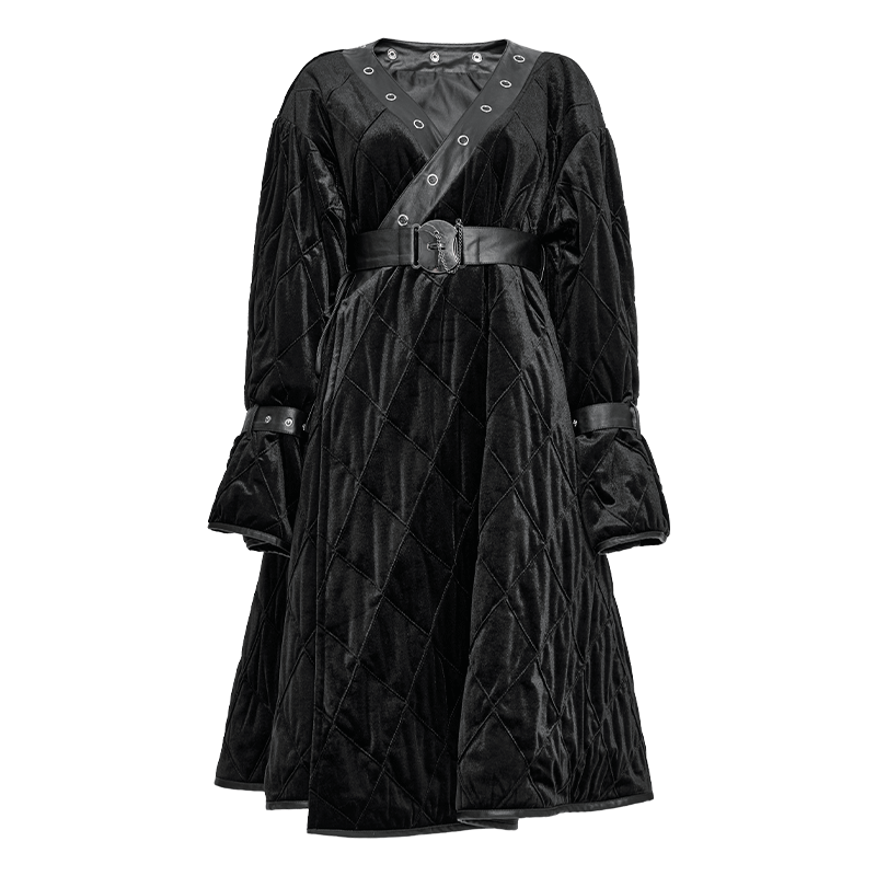 PUNK RAVE Women's Gothic Plunging Coat with Detachable Hood&Belt
