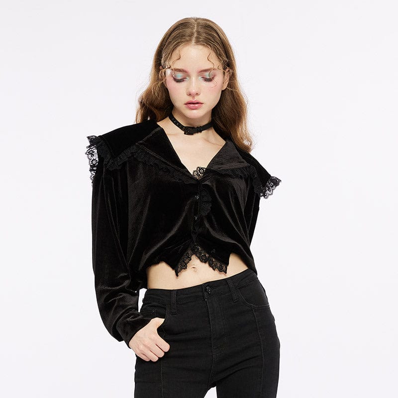 PUNK RAVE Women's Gothic Plunging Lace Splice Velvet Shirt