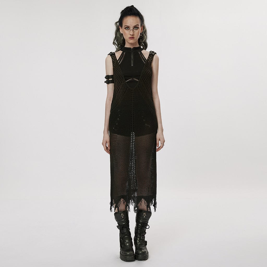 PUNK RAVE Women's Gothic Plunging Mesh Slip Dress