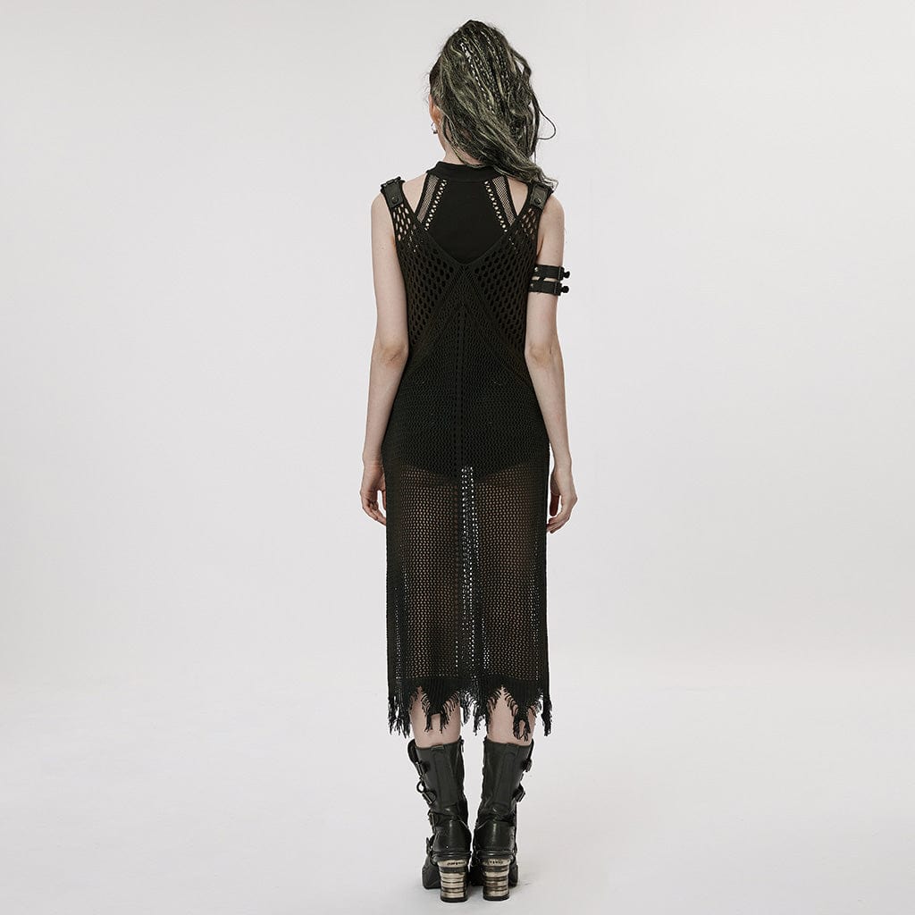 PUNK RAVE Women's Gothic Plunging Mesh Slip Dress
