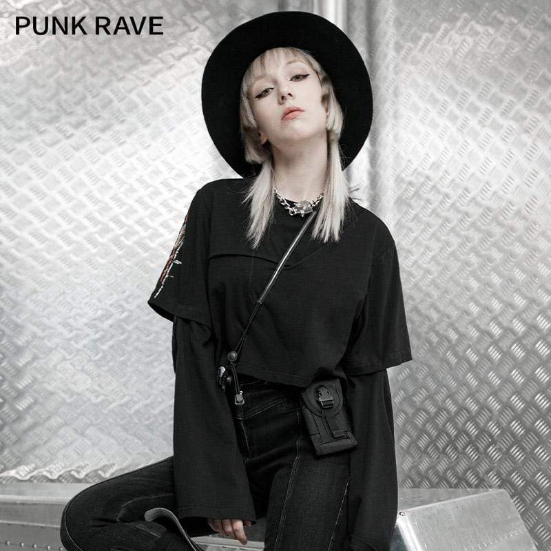 PUNK RAVE Women's Punk Style Double Personalized Splicing Pullover T-shirt  Tight Fitting Sexy Fashion Black Tops Women Clothing - AliExpress