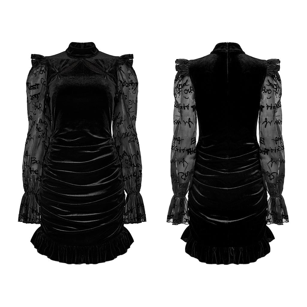 PUNK RAVE Women's Gothic Puff Sleeved Cutout Ruched Dress