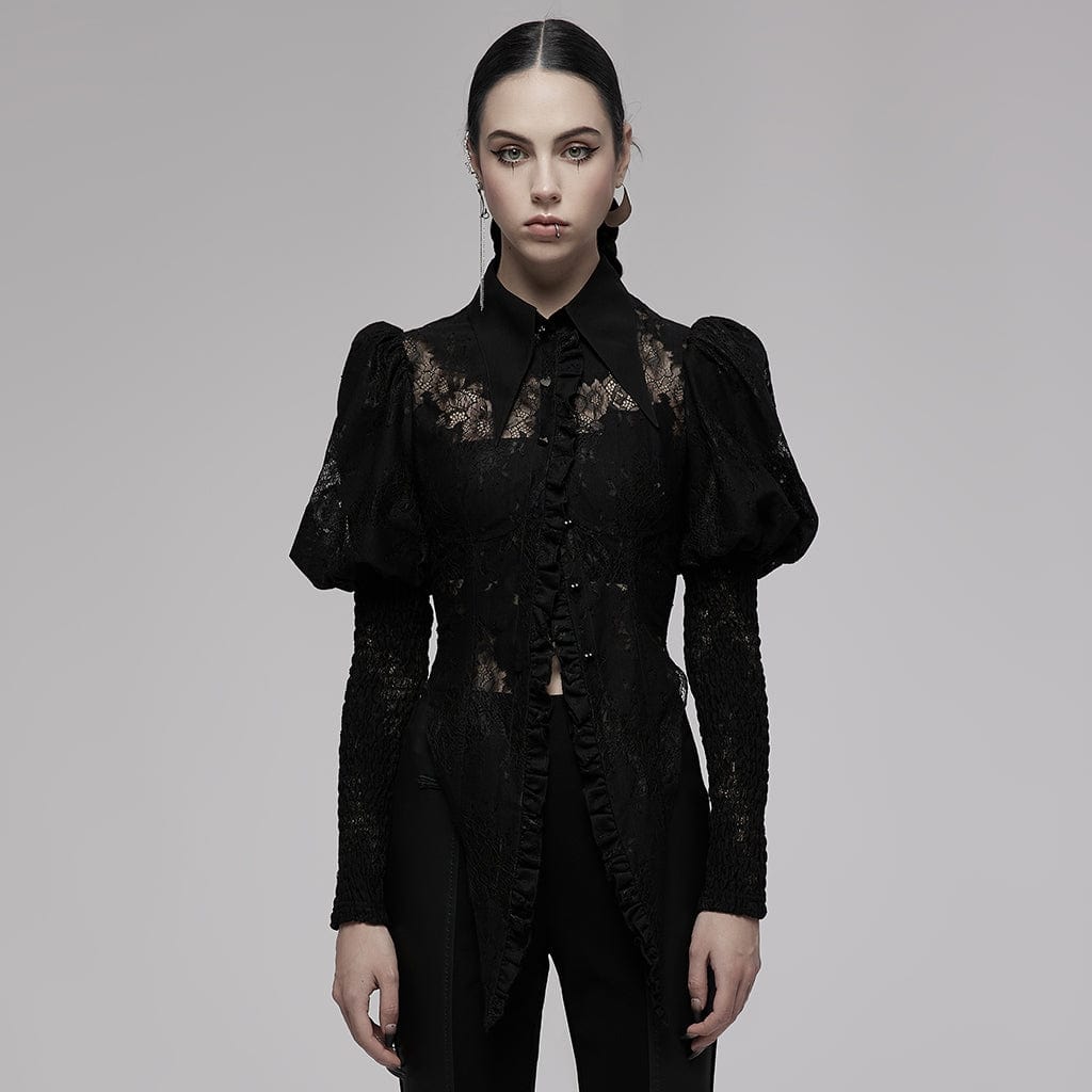 Punk Rave Women's Gothic Puff Sleeved Floral Lace Shirt
