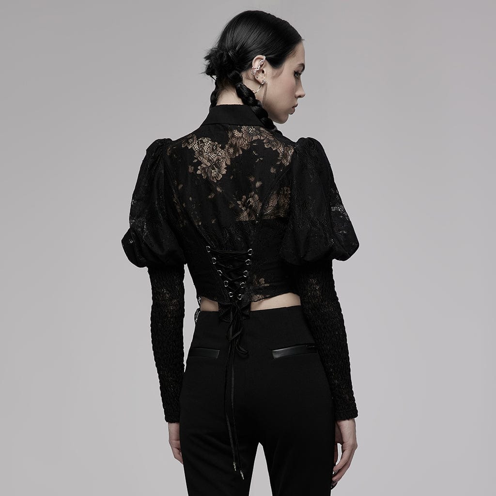 Punk Rave Women's Gothic Puff Sleeved Floral Lace Shirt