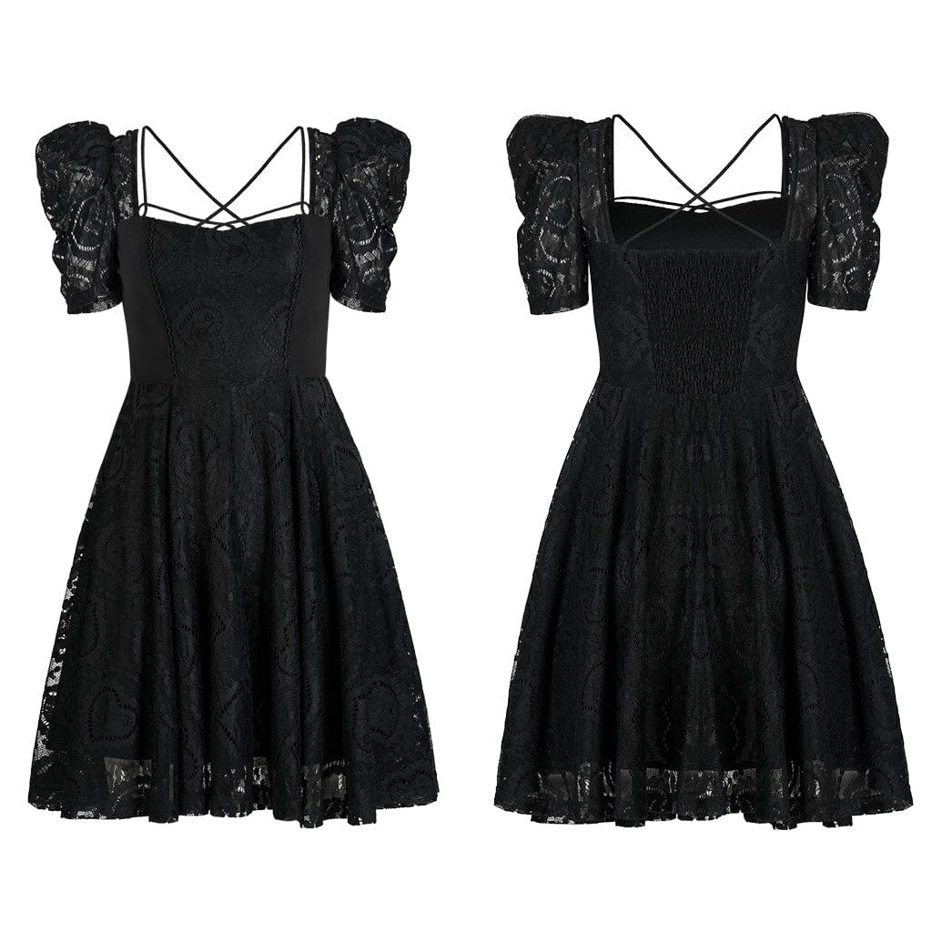 PUNK RAVE Women's Gothic Puff Sleeved Lace Splice Dress
