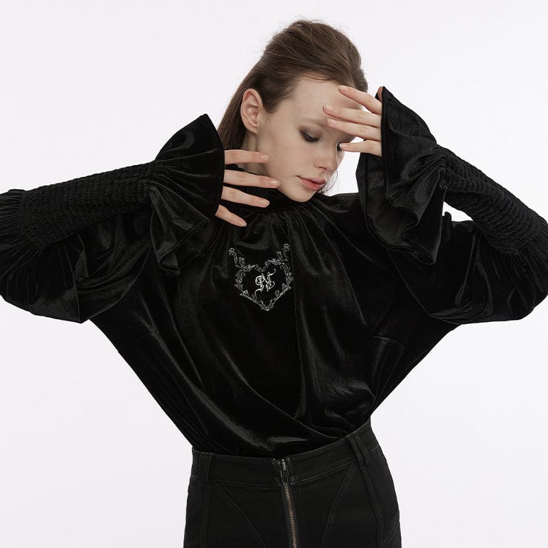 PUNK RAVE Women's Gothic Puff Sleeved Ruffled Velvet Shirt