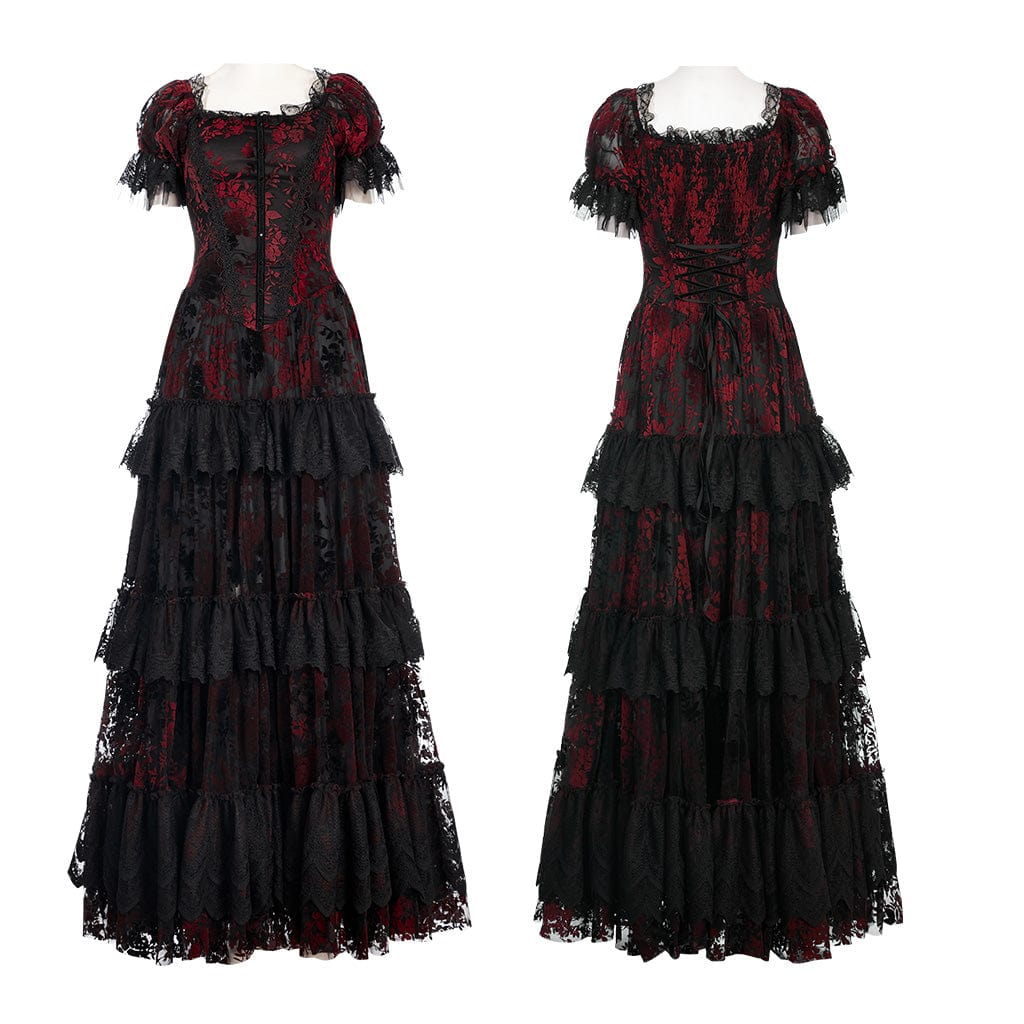 PUNK RAVE Women's Gothic Puff Sleeved Ruffles Lace Dress