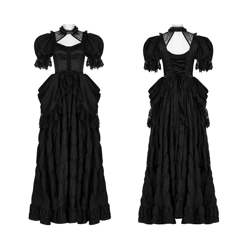 PUNK RAVE Women's Gothic Puff Sleeved Ruffles Layered Dress